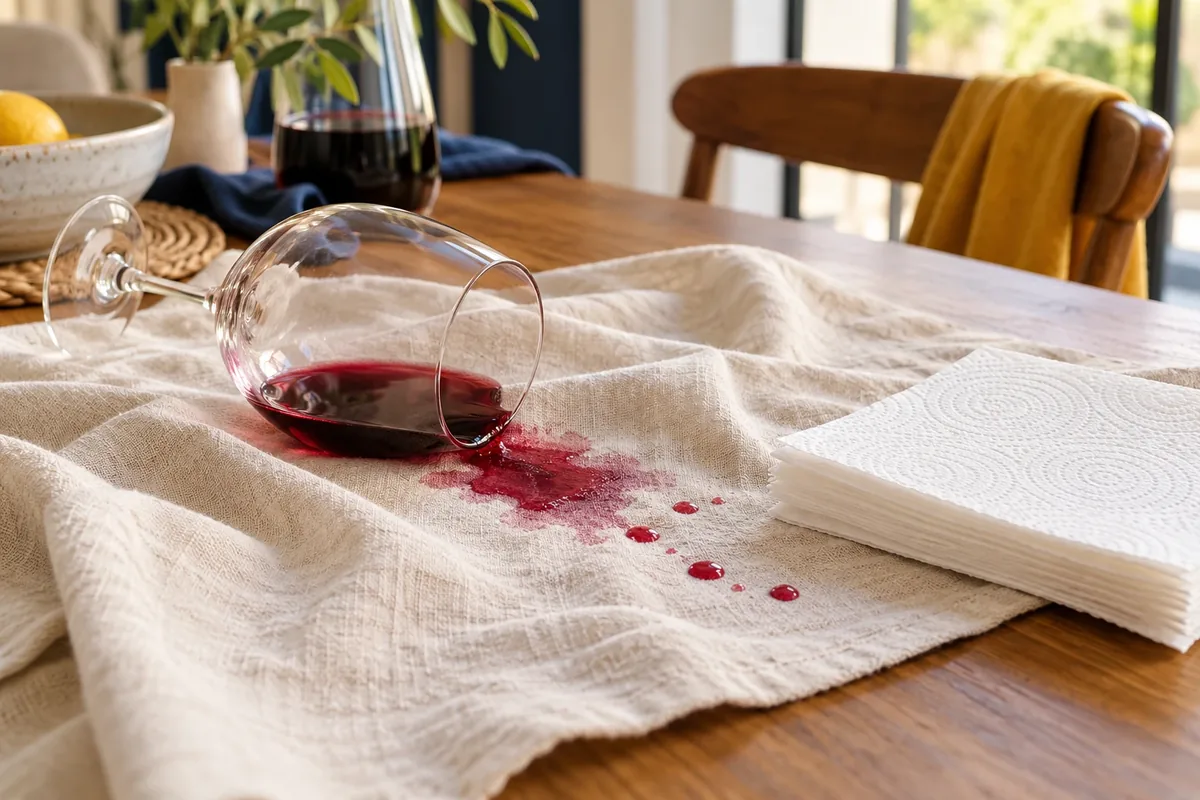 Tissu taché de vin rouge avec du papier absorbant à proximité
