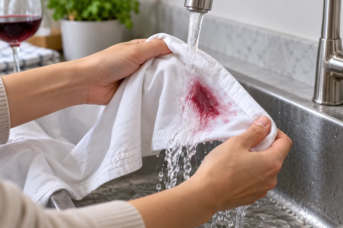 Des mains tiennent un torchon blanc taché de vin rouge sous le jet d’eau froide d’un robinet de cuisine.