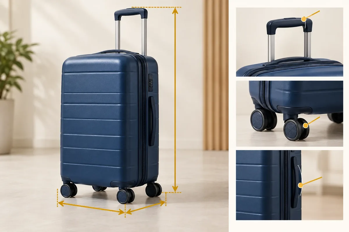 Schéma de cotation d'une valise cabine incluant les roues et la poignée