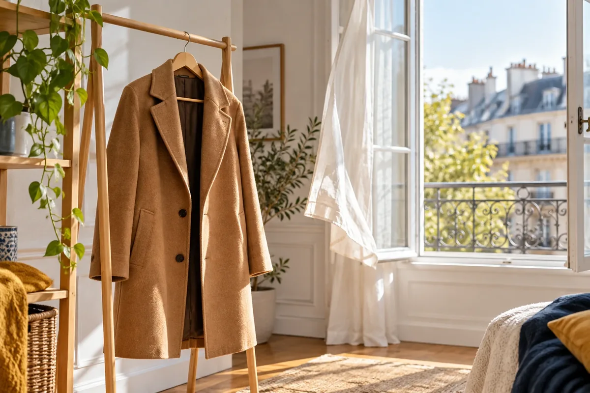 Manteau suspendu à un cintre dans une pièce aérée