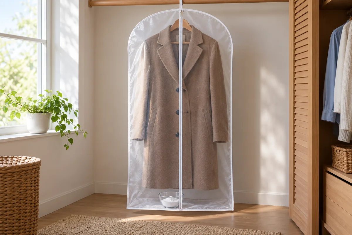Un manteau suspendu dans une housse transparente, avec un bol ouvert de bicarbonate posé au fond de la housse.