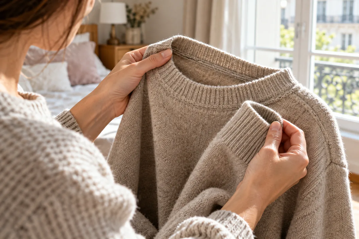 Inspection du col et des coutures d’un pull en laine à la lumière naturelle
