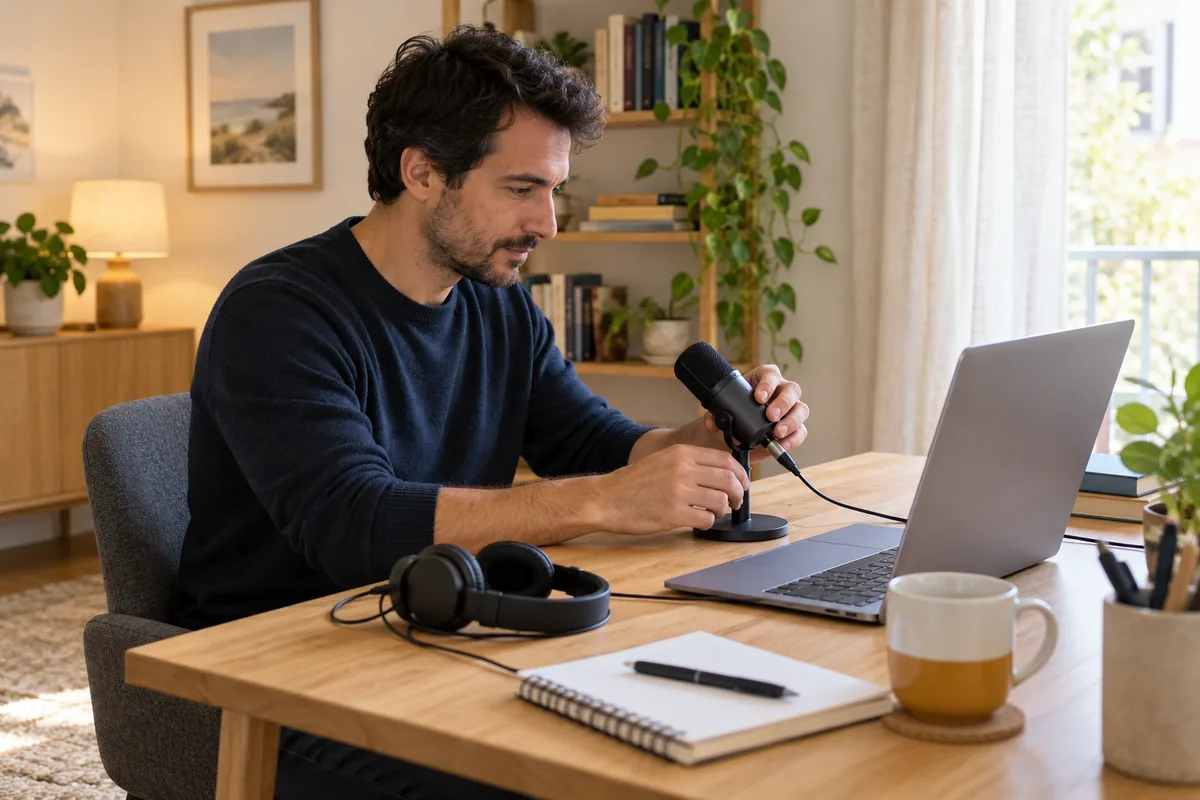 Personne réglant la position d’un microphone avant une visioconférence