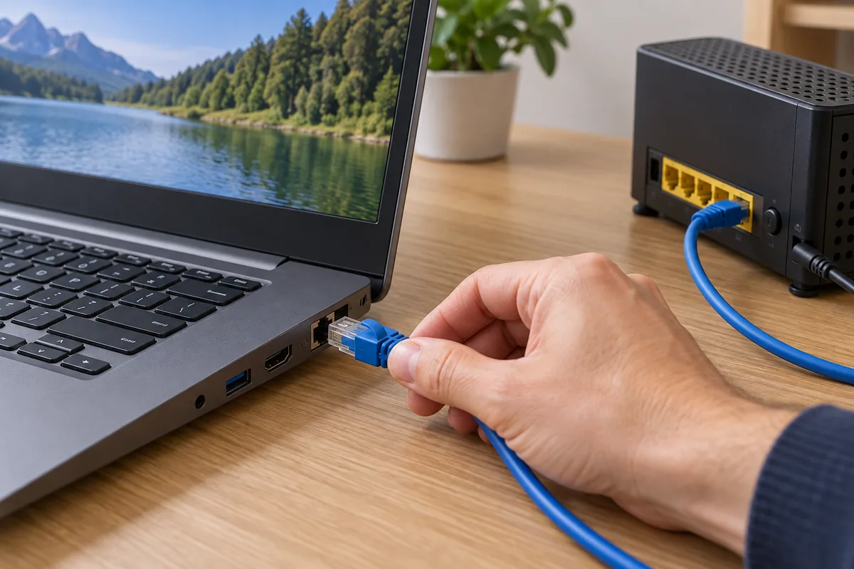 Une main branche un câble Ethernet bleu dans un ordinateur portable ; l’autre extrémité est reliée à la box posée sur le bureau.
