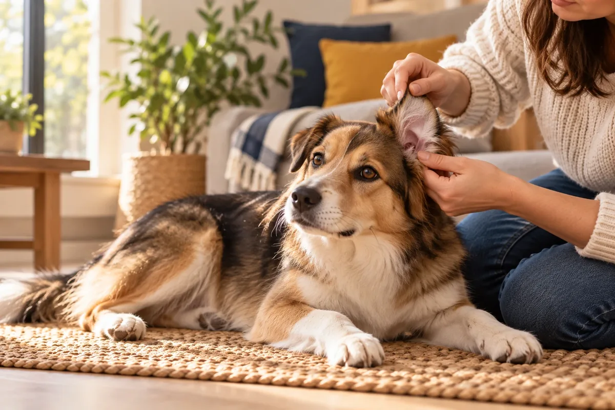 Femme soulevant doucement le pavillon de l’oreille d’un chien couché sur un tapis