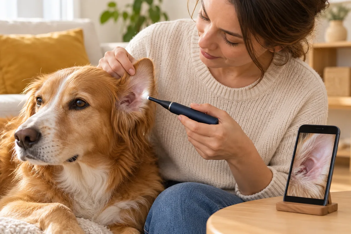 Une femme tient un otoscope caméra devant l’oreille externe d’un chien, sans l’introduire.