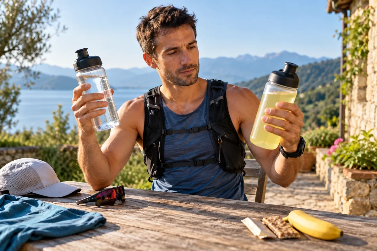 Un coureur compare une gourde d’eau et une gourde de boisson jaune avant une sortie par temps chaud.