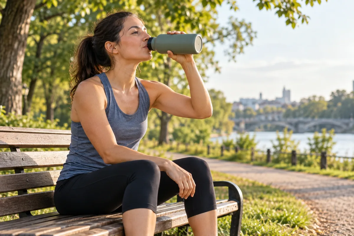 Une sportive assise sur un banc boit de l’eau dans une gourde après une activité modérée dans un parc.