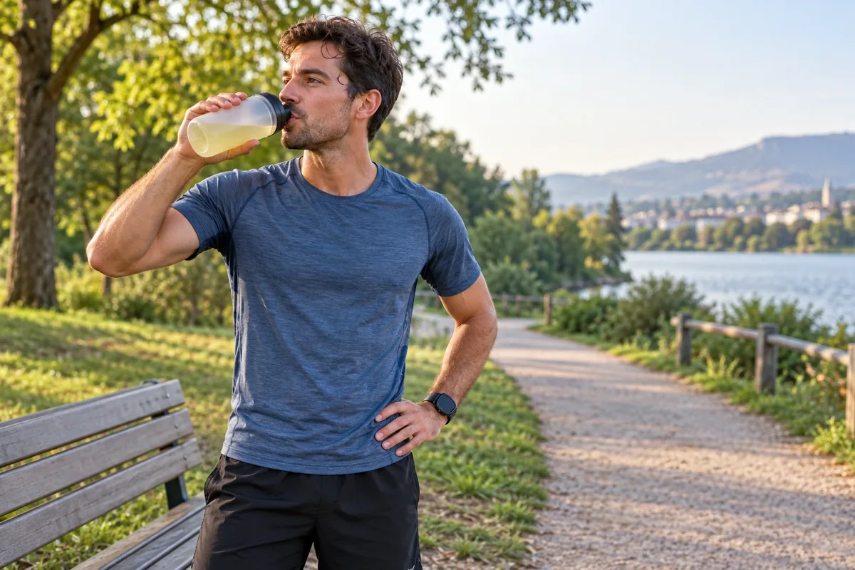 Un sportif debout près d’un banc teste une boisson claire pendant une séance légère en plein air.