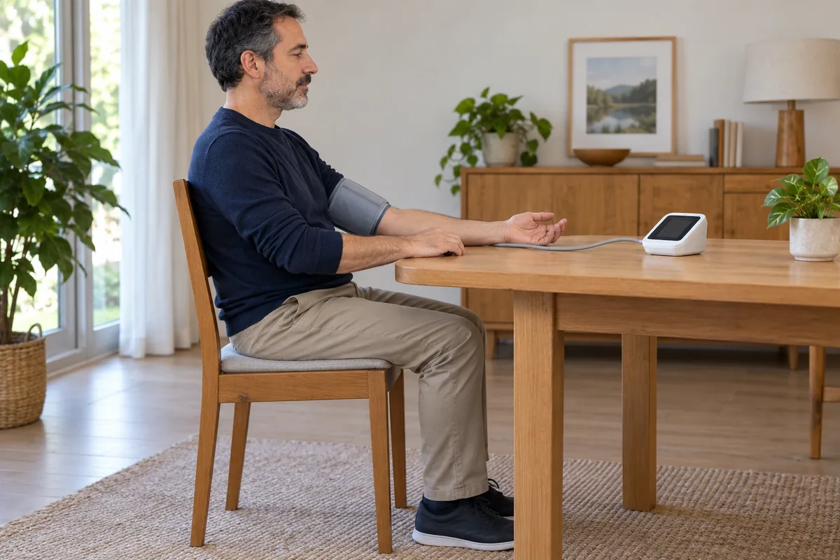 Un homme attend assis en silence, le dos droit, les pieds au sol et l’avant-bras posé sur une table.