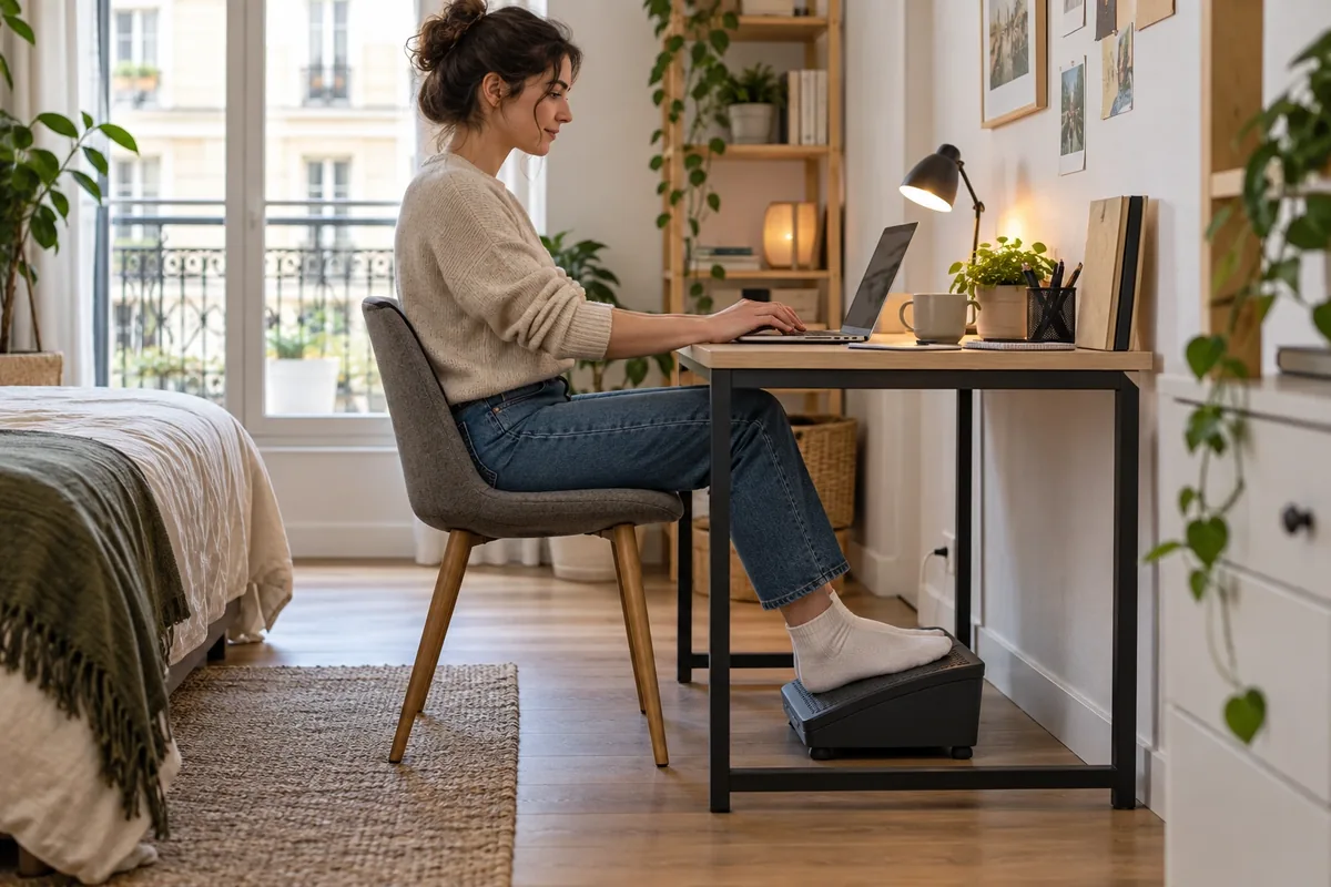 Une femme travaille dans une chambre étroite, les pieds posés sur un repose-pieds compact placé sous le bureau.