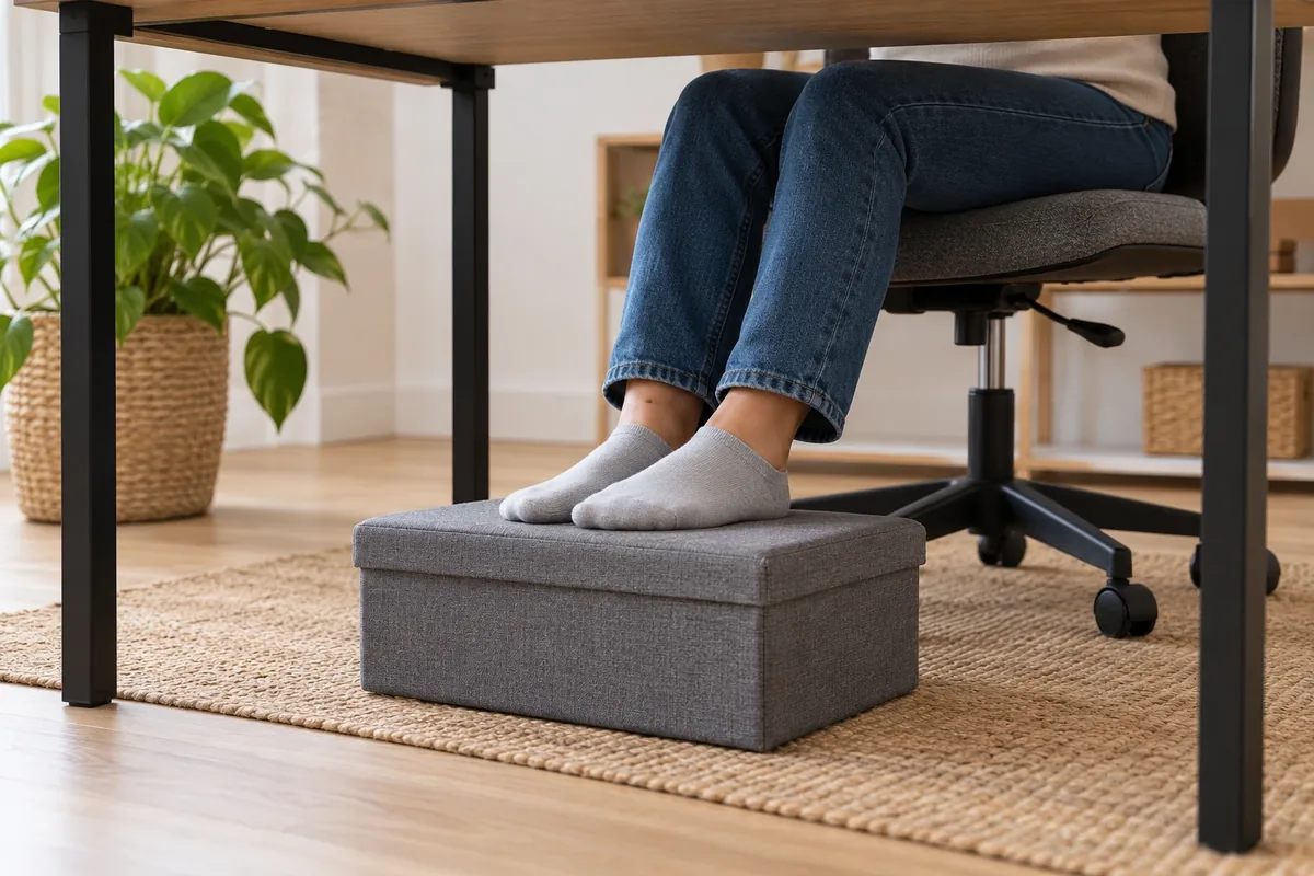 Deux pieds reposent sur une boîte rigide et stable placée dans l’axe d’un petit bureau au passage dégagé.