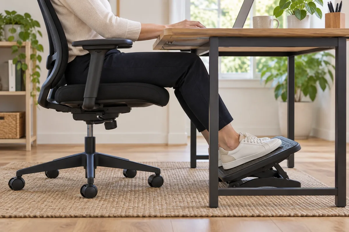 Une personne assise pose ses chaussures sur un repose-pieds inclinable, sans relever excessivement les genoux.