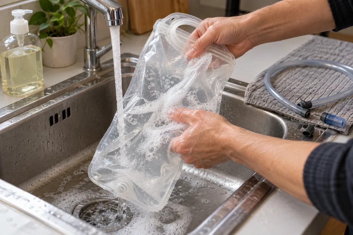 Deux mains lavent à l’eau savonneuse une poche d’hydratation transparente, avec le tuyau démonté à côté.