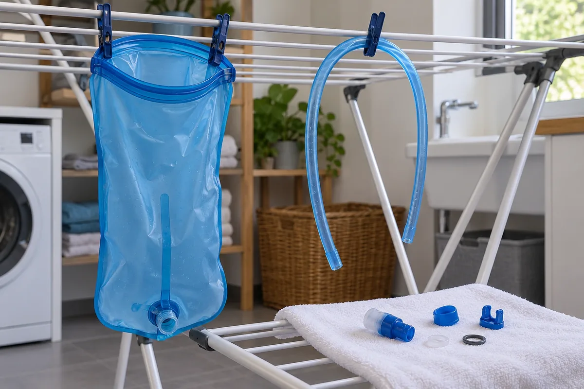 Une poche d’hydratation ouverte et son tuyau séparé sèchent sur un étendoir propre dans une pièce ventilée.