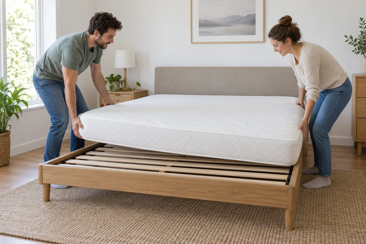 Deux adultes soulèvent ensemble un matelas blanc pour le centrer sur un sommier à lattes dans une chambre.