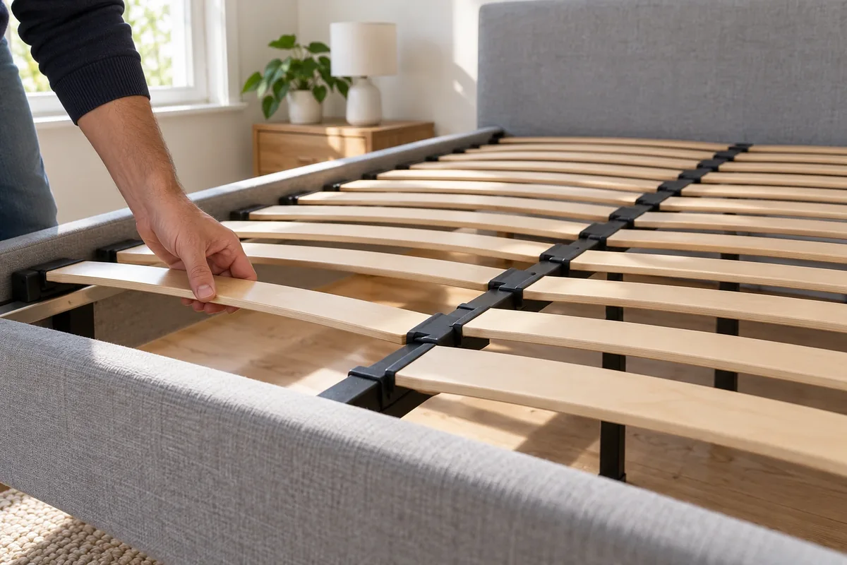 Une main remet une latte de bois dans son logement sur un sommier vide dont le cadre reste stable.