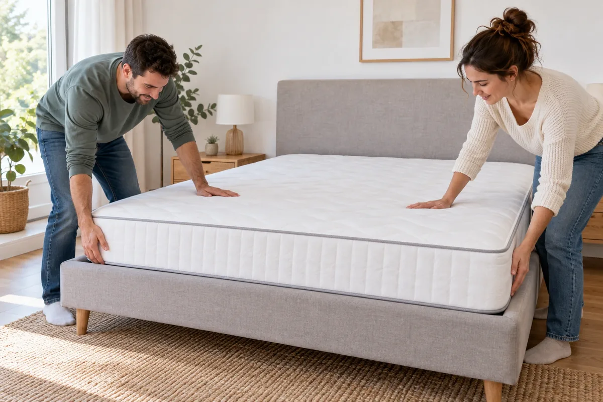 Deux adultes lissent et recentrent un matelas blanc posé à plat, en vérifiant ses coins et ses bords.