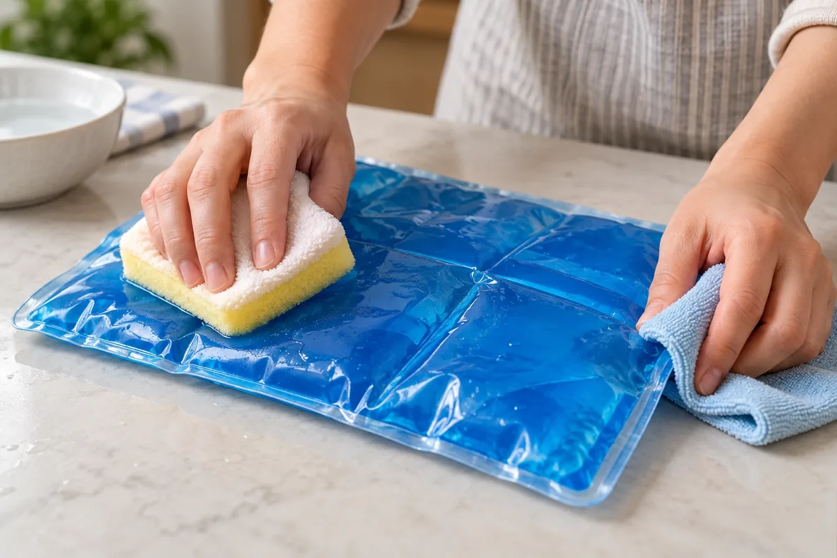 Deux mains nettoient une poche de froid bleue avec une éponge douce et un linge propre sur un plan de travail.