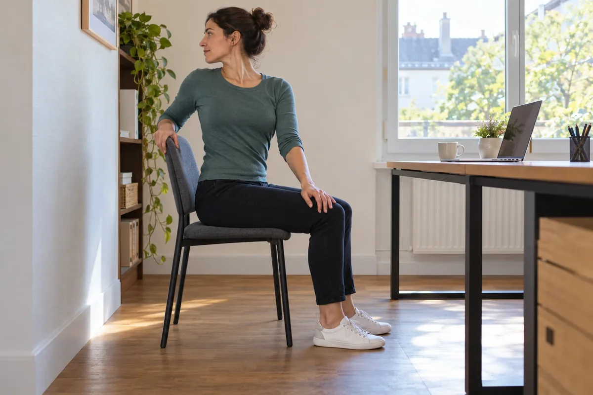 Une femme assise sur une chaise stable tourne doucement le tronc dans un petit bureau au sol dégagé.