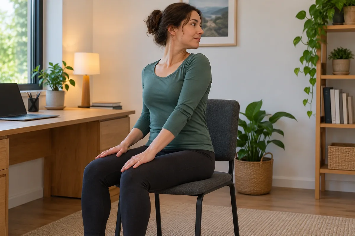 Une femme assise, les mains sur les cuisses, tourne doucement le sternum tout en gardant le bassin sur la chaise.