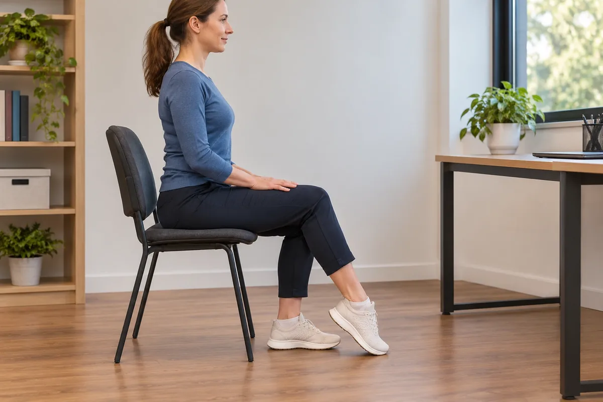 Une femme assise sur une chaise stable lève doucement un talon, l’autre pied restant posé au sol.