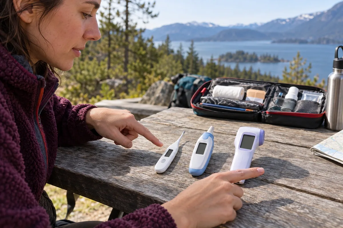 Une femme compare trois thermomètres compacts posés sur une table de voyage, près d’une trousse ouverte.