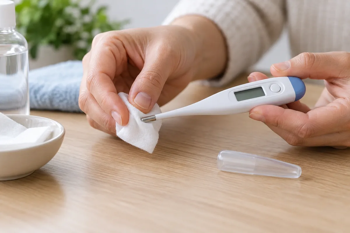 Deux mains nettoient la sonde métallique d’un thermomètre numérique avec une compresse, près d’un capuchon transparent.
