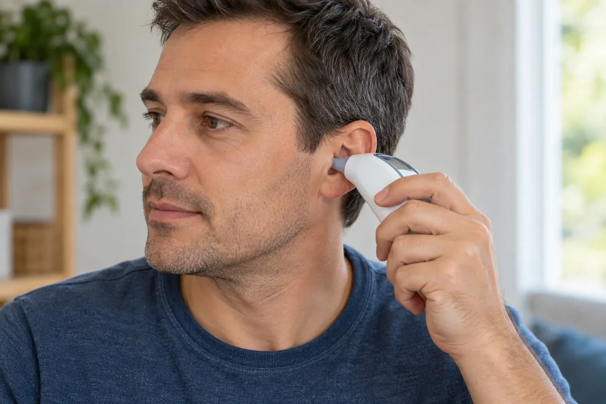 Un homme tient un thermomètre auriculaire propre à l’entrée de son oreille, l’écran tourné vers l’extérieur.