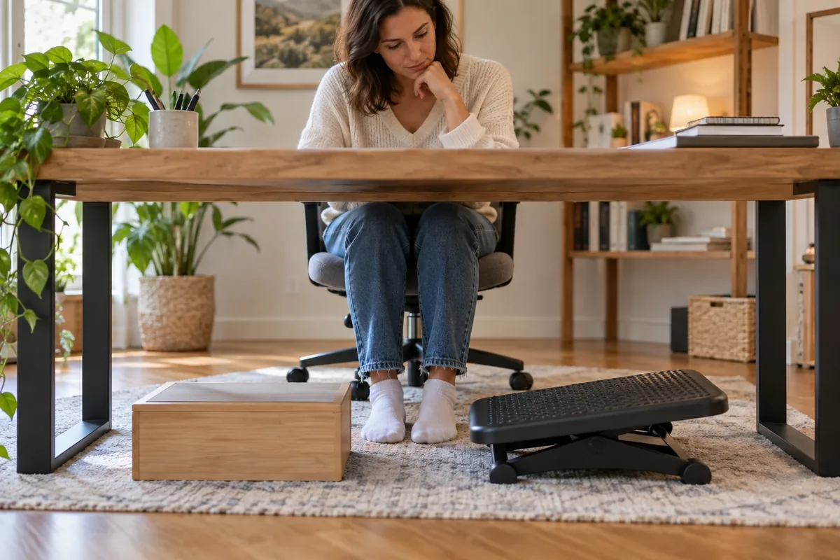 Une femme observe une boîte rigide et un repose-pieds réglable placés côte à côte sous son bureau.