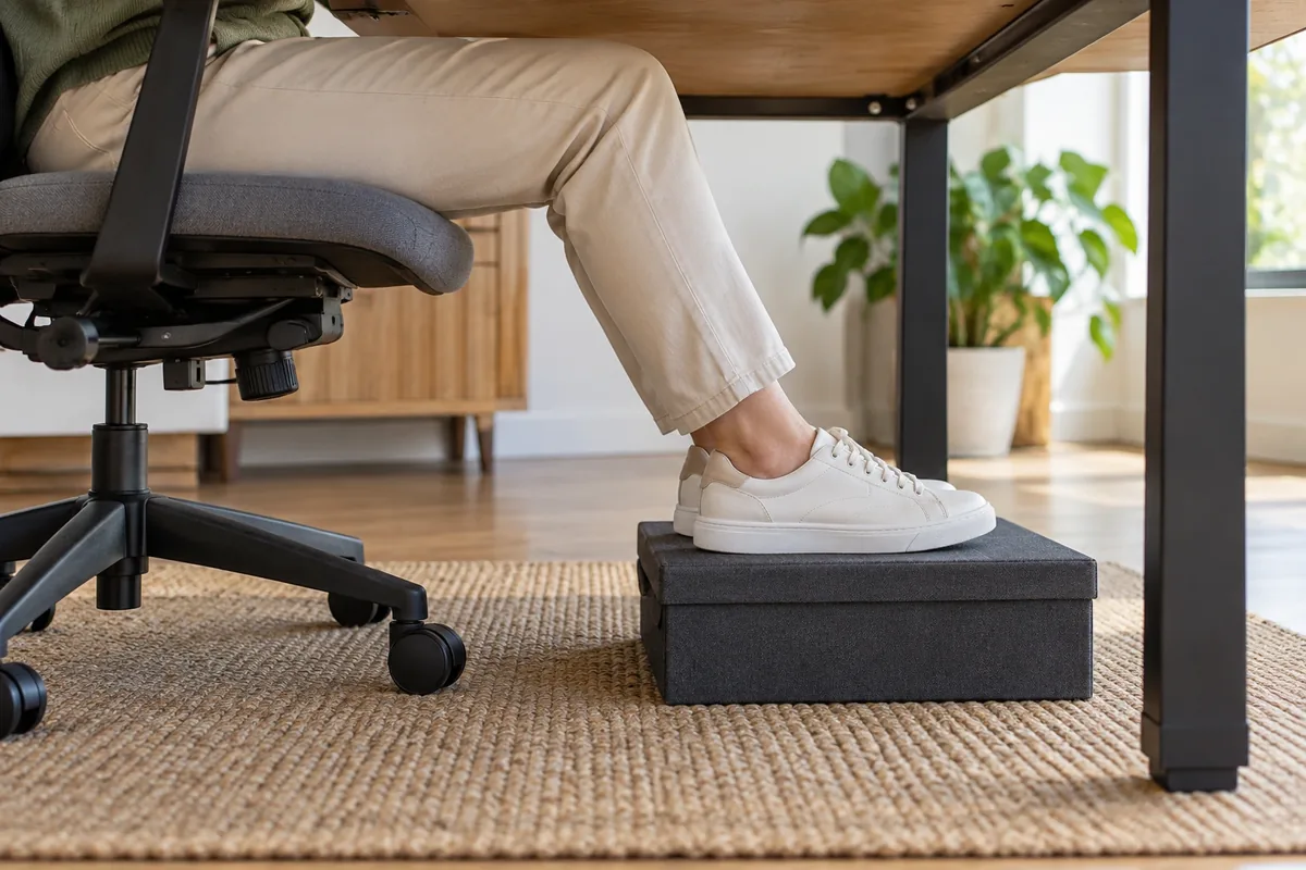 Deux pieds chaussés reposent à plat sur une boîte rigide et stable installée sous un bureau.