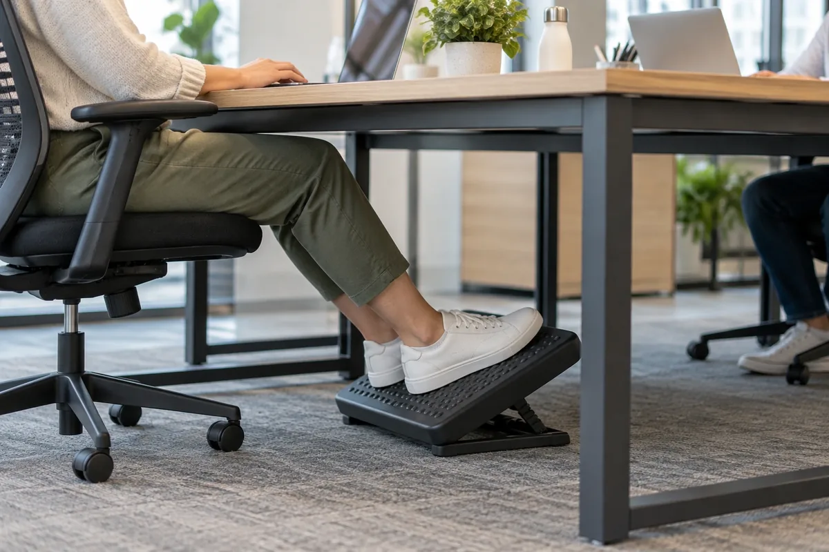 Une personne assise pose ses deux chaussures sur un repose-pieds inclinable et stable sous un bureau partagé.