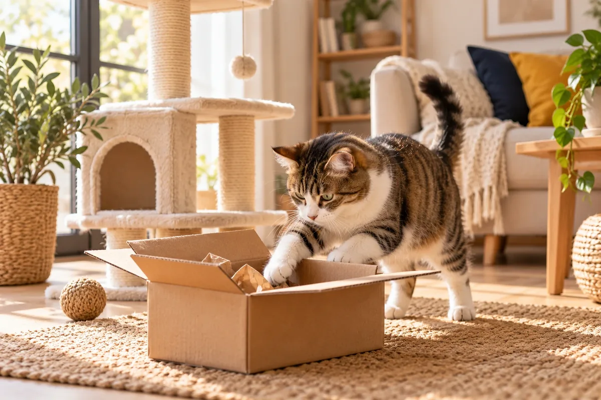 Chat explorant un appartement aménagé avec un arbre à chat et un carton