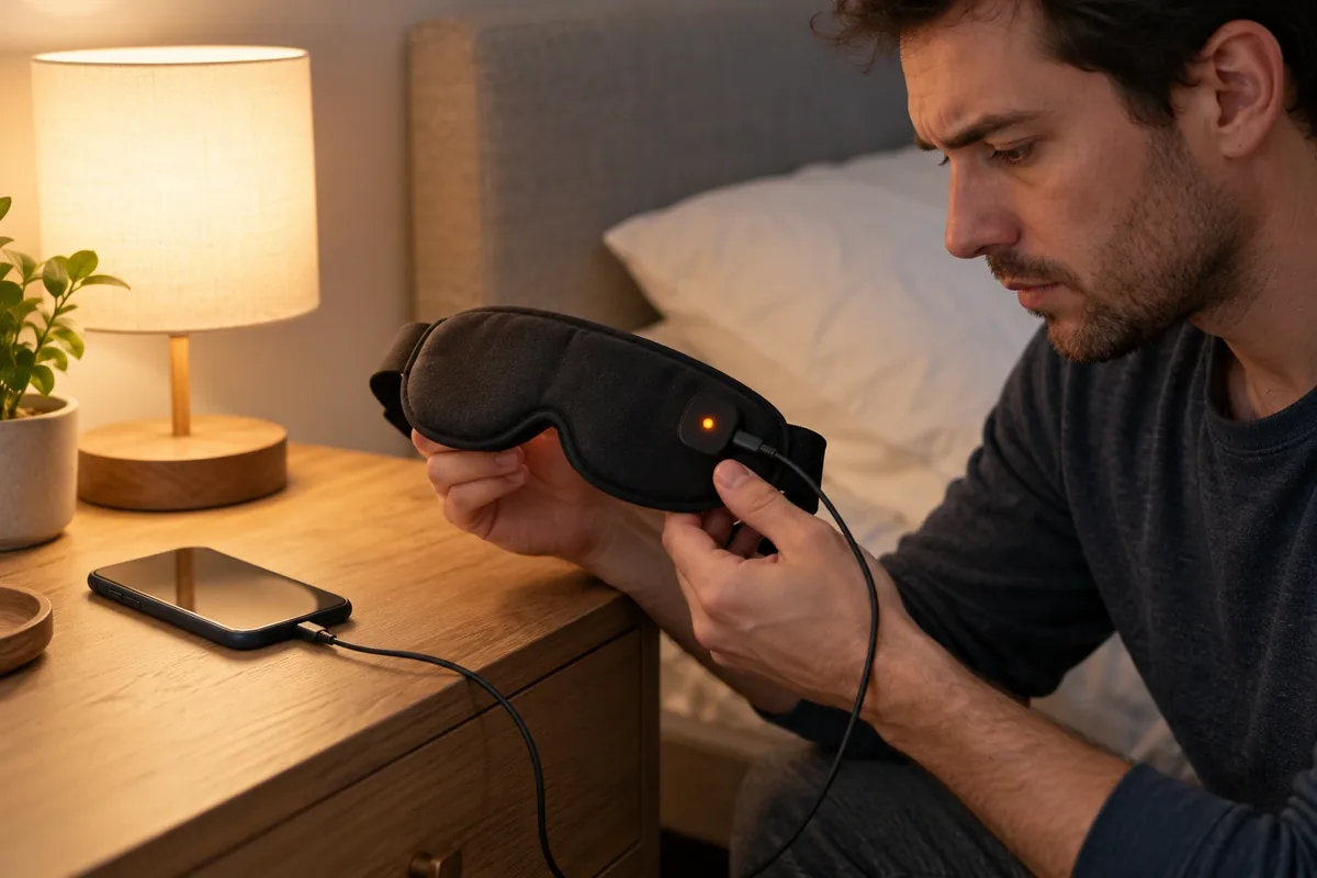 Un homme examine un masque de sommeil connecté posé près du lit, avec un voyant orange et un câble branché.