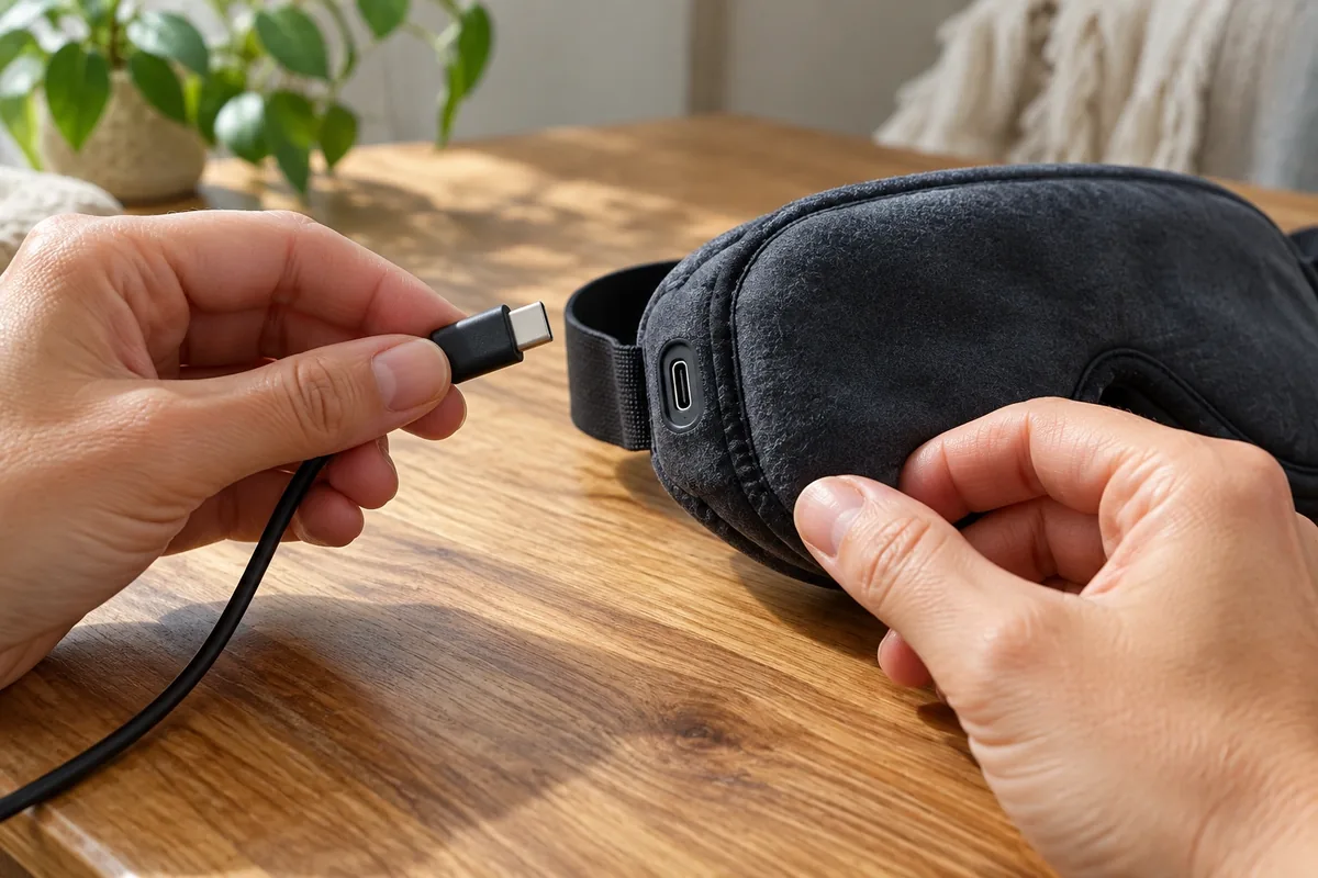 Deux mains inspectent une fiche USB-C et le connecteur d’un masque de sommeil éteint posé sur une table.