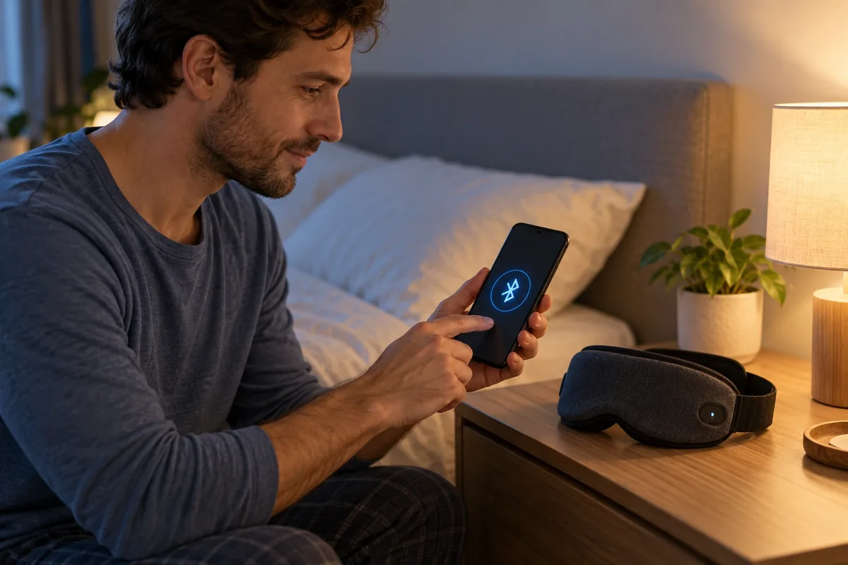 Un homme relance l’association Bluetooth d’un masque de sommeil avec un téléphone affichant une icône bleue.