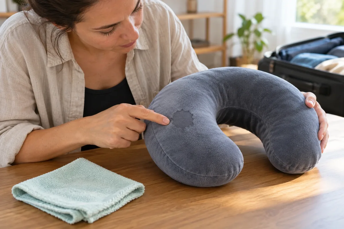 Une femme montre une auréole sombre sur un oreiller de voyage gris posé près d’un chiffon propre et d’une valise.