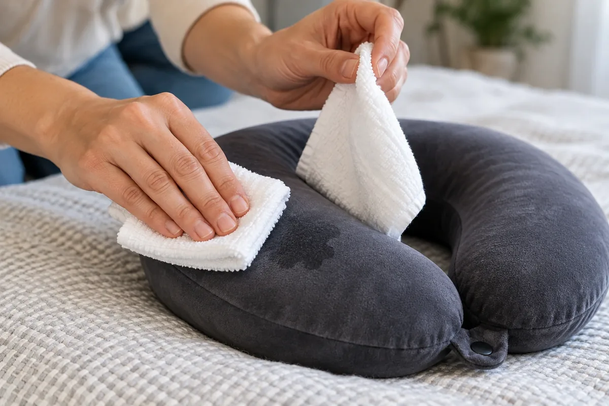 Deux mains tamponnent une tache humide sur un oreiller de voyage avec un chiffon propre, sans mouvement circulaire.