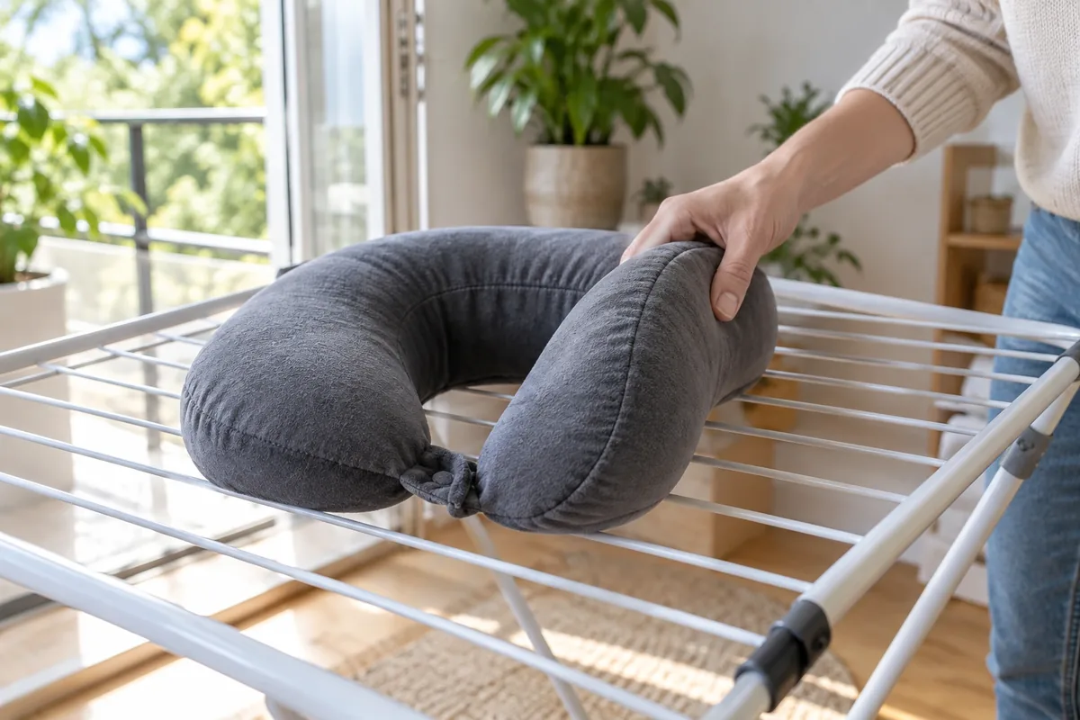 Un oreiller de voyage gris sèche sur une grille près d’une fenêtre ouverte pendant qu’une main le retourne doucement.