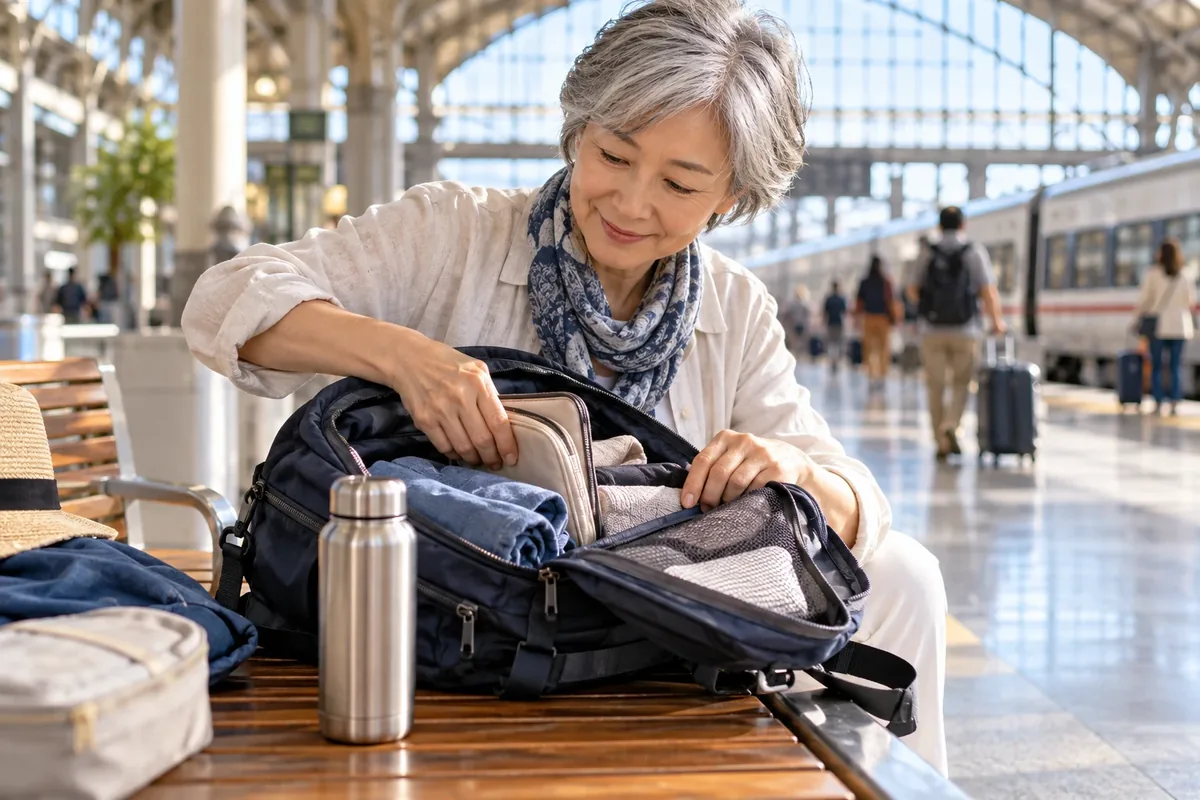 Une voyageuse compare la place d'une gourde avec celle de son sac.