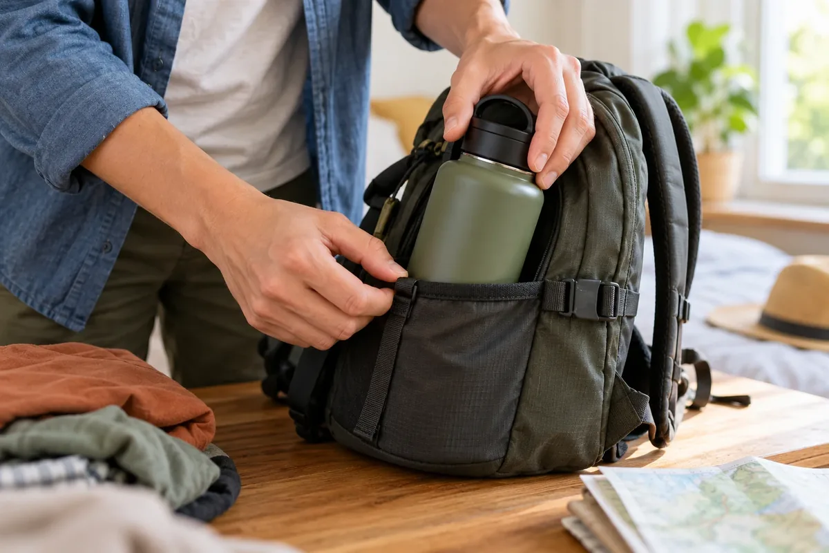 Des mains vérifient qu'une gourde entre dans la poche d'un sac.