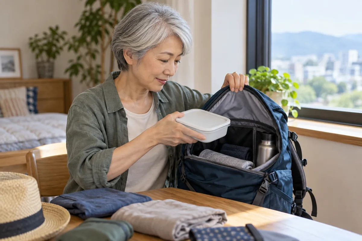 Une voyageuse essaie un contenant dans son sac avant de partir.