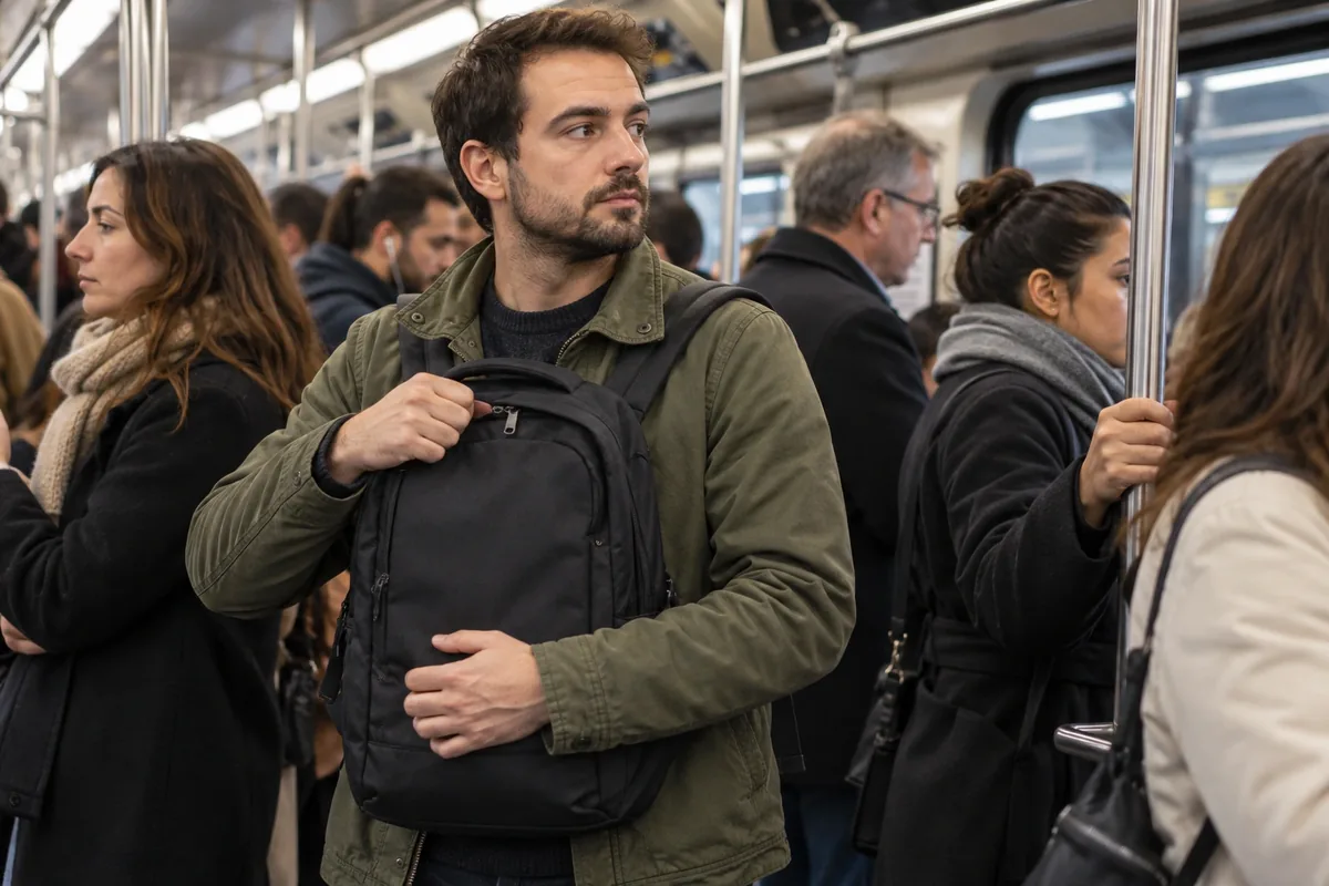 Un homme tient son sac à dos fermé devant lui et garde une main sur la fermeture dans une rame de métro bondée.