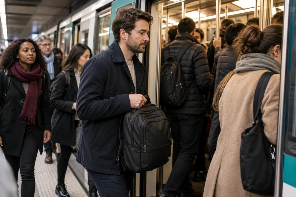 Un homme monte dans un métro fréquenté en gardant son sac fermé devant lui et une main sur la fermeture.
