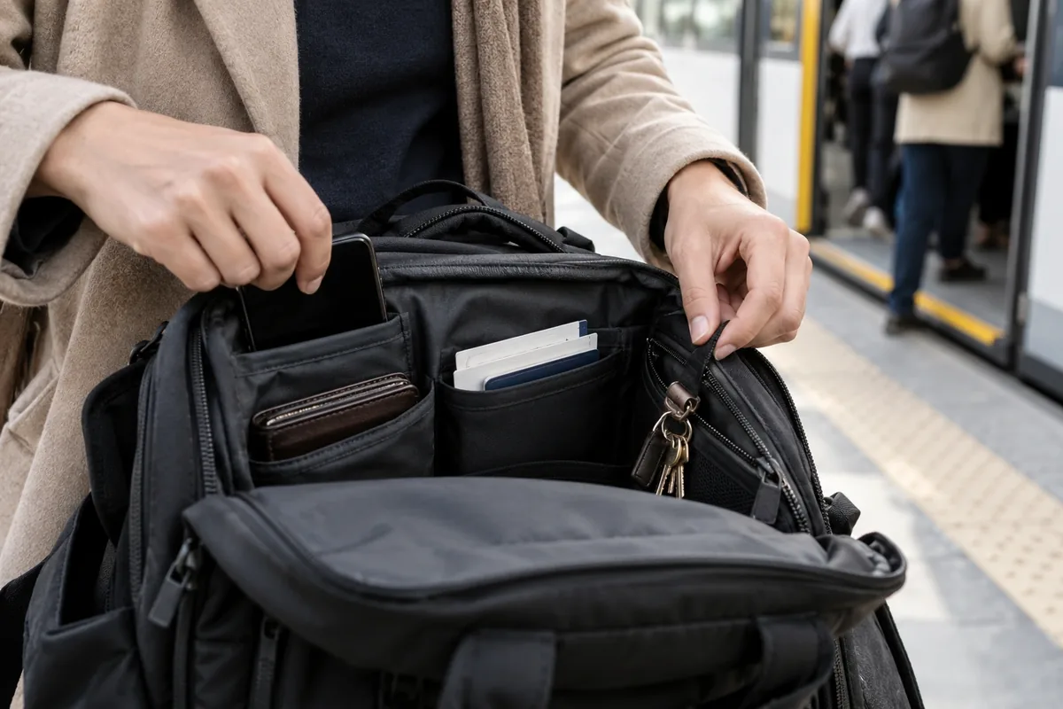 Une personne répartit téléphone, portefeuille, papiers et clés dans plusieurs poches intérieures d’un sac noir.