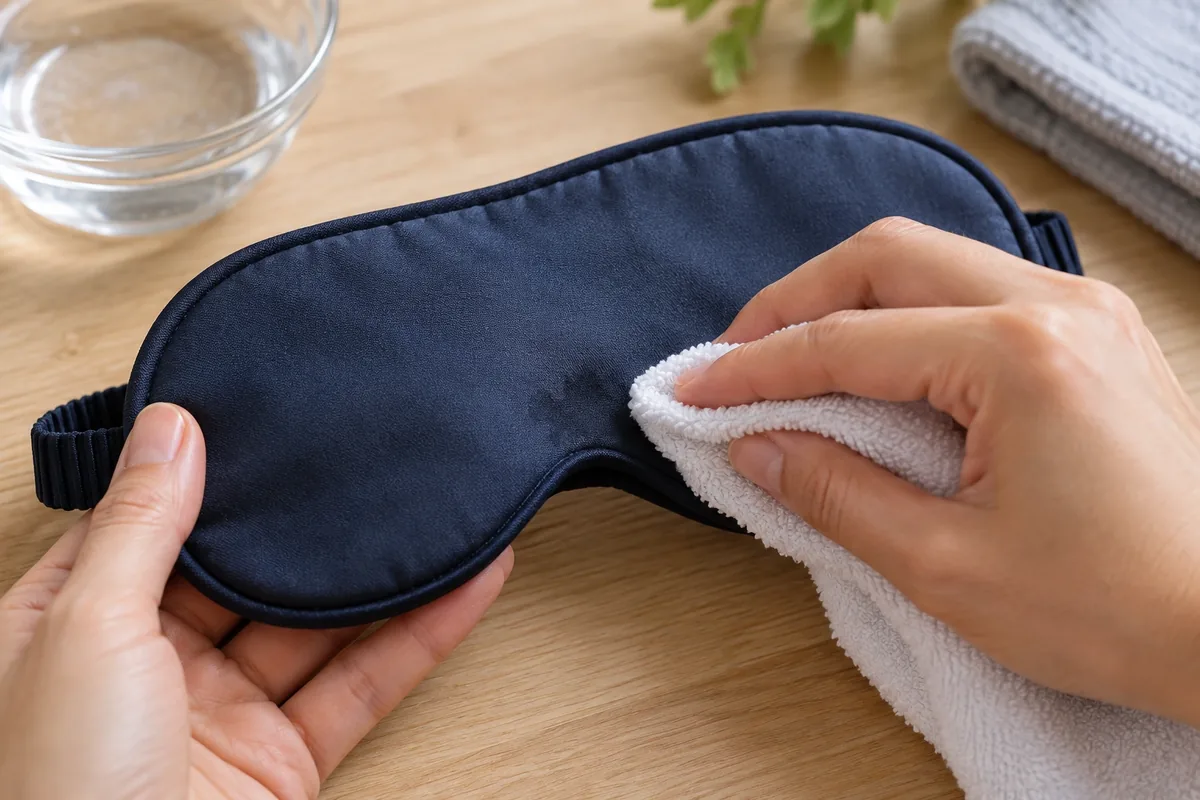 Deux mains tamponnent localement un masque de sommeil bleu avec un linge légèrement humide, sans le tordre.