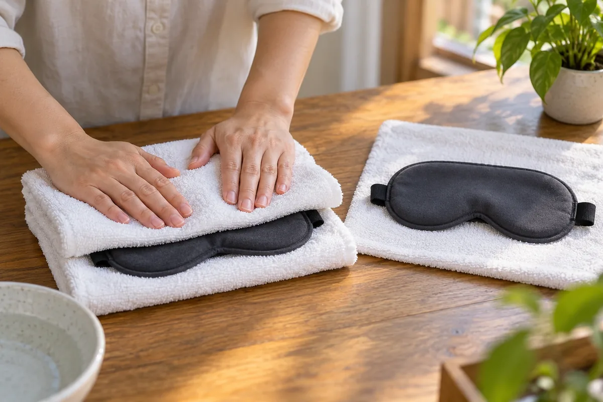 Deux mains pressent un masque entre des serviettes propres tandis qu’un second masque sèche à plat à côté.