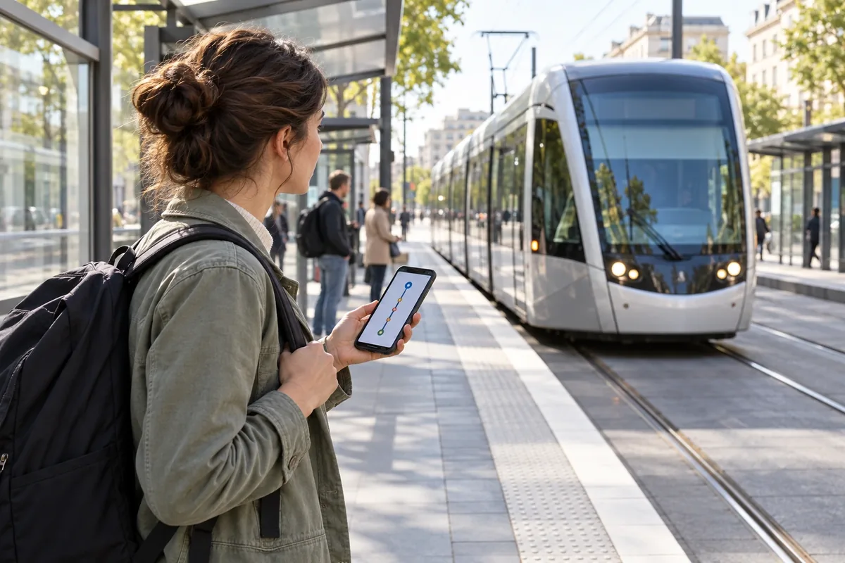 Une voyageuse consulte un itinéraire simplifié sur son téléphone avant de monter dans un tramway à quai.