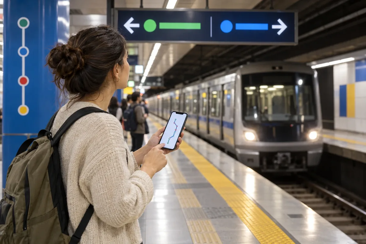 Une voyageuse compare un trajet simplifié sur son téléphone aux flèches colorées d’un quai de métro.