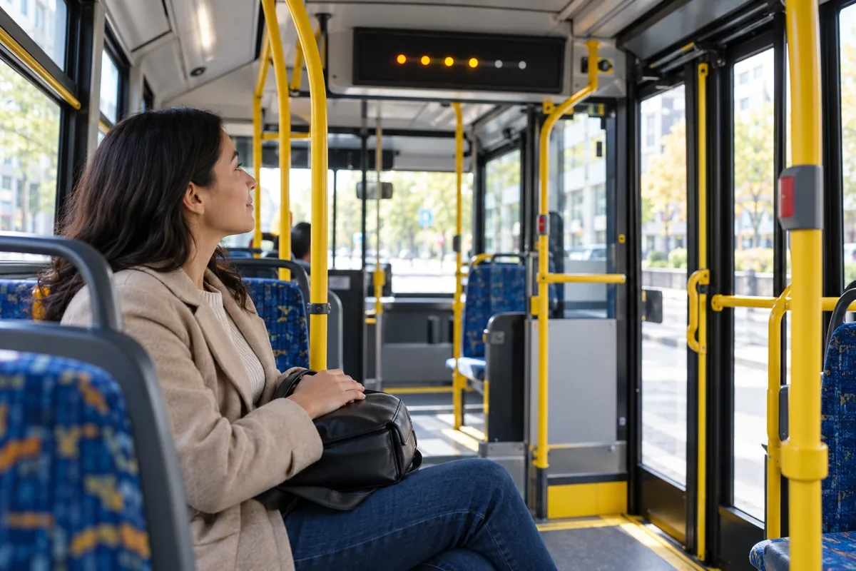 Une passagère assise observe une rangée de voyants indiquant les prochains arrêts avant la porte du bus.